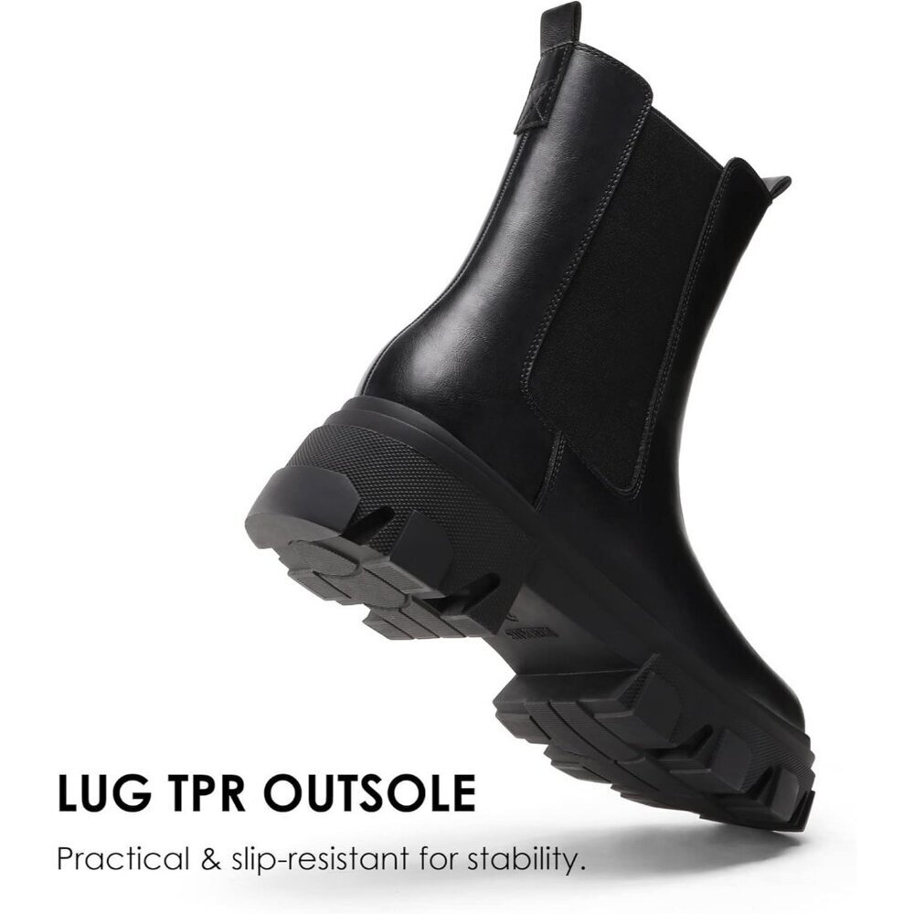 Women's Black PU Platform Chelsea Lug Sole Combat Mid Calf Slip On Ankle Boot - Picture 4 of 5